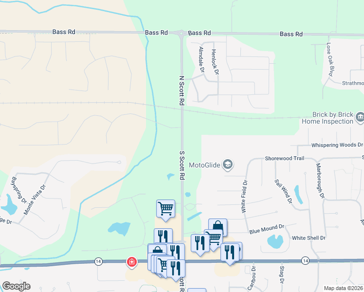 map of restaurants, bars, coffee shops, grocery stores, and more near 101 North Scott Road in Fort Wayne