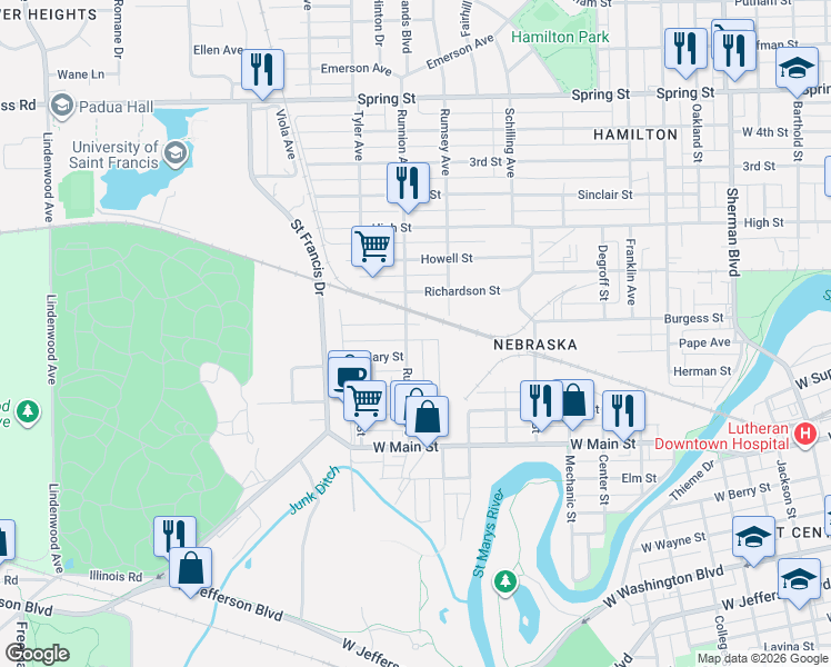 map of restaurants, bars, coffee shops, grocery stores, and more near 1733 Wheeler Street in Fort Wayne