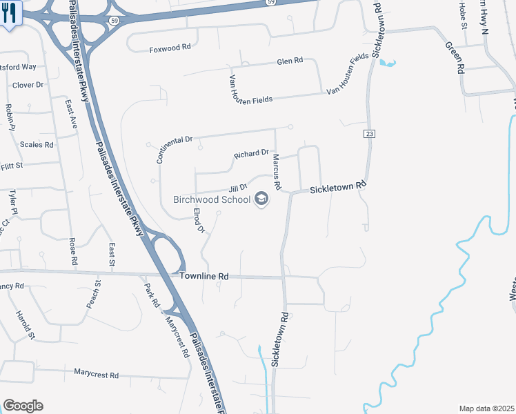 map of restaurants, bars, coffee shops, grocery stores, and more near 214 Sickletown Road in West Nyack