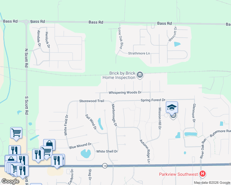 map of restaurants, bars, coffee shops, grocery stores, and more near 9200 Whispering Woods Drive in Fort Wayne