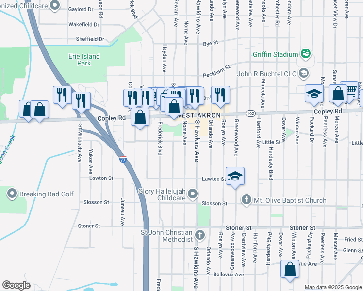 map of restaurants, bars, coffee shops, grocery stores, and more near 1001 Seward Avenue in Akron