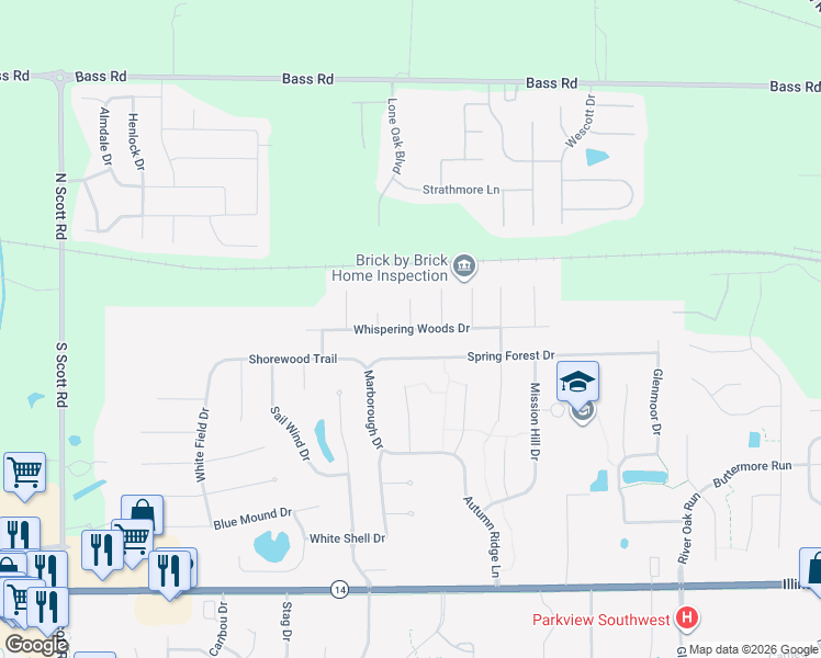 map of restaurants, bars, coffee shops, grocery stores, and more near 9100 Whispering Woods Drive in Fort Wayne