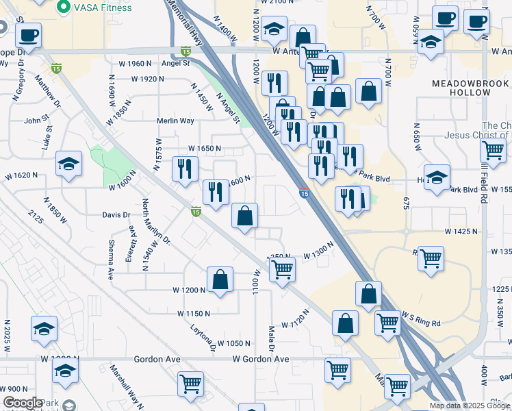 map of restaurants, bars, coffee shops, grocery stores, and more near 1505 North Angel Street in Layton