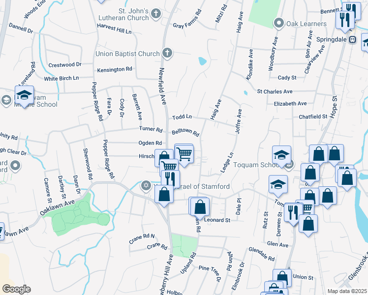 map of restaurants, bars, coffee shops, grocery stores, and more near 641 Newfield Avenue in Stamford
