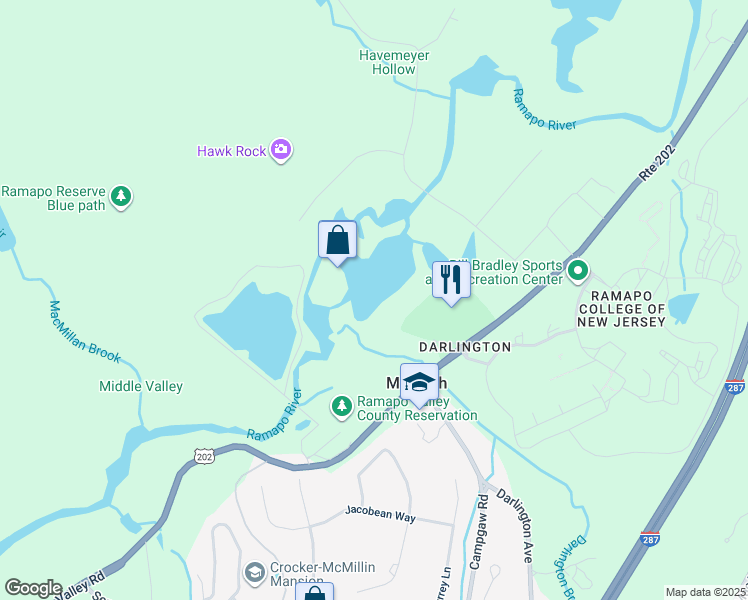 map of restaurants, bars, coffee shops, grocery stores, and more near 550 Ramapo Valley Road in Mahwah
