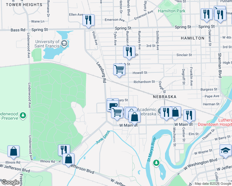 map of restaurants, bars, coffee shops, grocery stores, and more near 1829 Wheeler Street in Fort Wayne