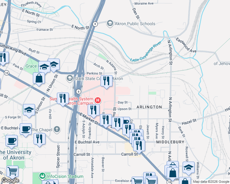 map of restaurants, bars, coffee shops, grocery stores, and more near 156 North Adams Street in Akron