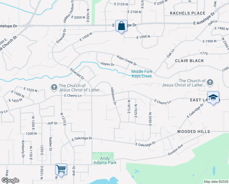 map of restaurants, bars, coffee shops, grocery stores, and more near 1751 Hillsboro Drive in Layton