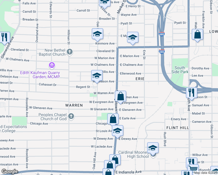 map of restaurants, bars, coffee shops, grocery stores, and more near 1824 Warren Place in Youngstown