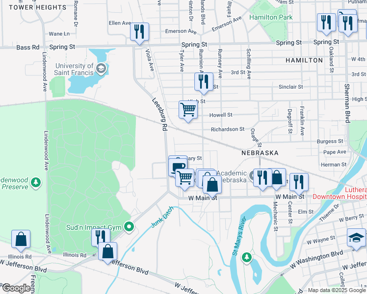 map of restaurants, bars, coffee shops, grocery stores, and more near 1829 Wheeler Street in Fort Wayne