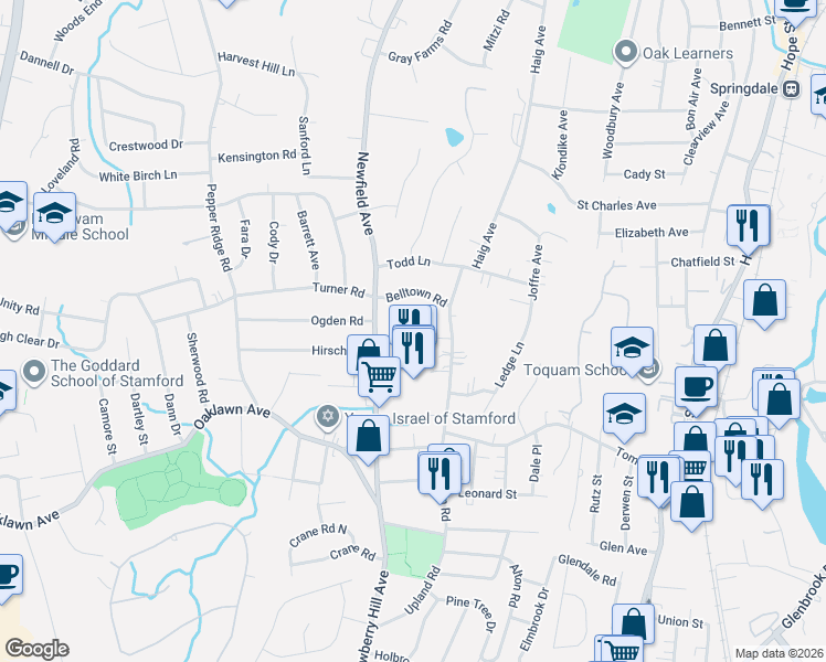 map of restaurants, bars, coffee shops, grocery stores, and more near 641 Newfield Avenue in Stamford
