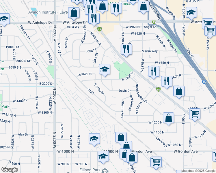 map of restaurants, bars, coffee shops, grocery stores, and more near 1742 Davis Drive in Layton