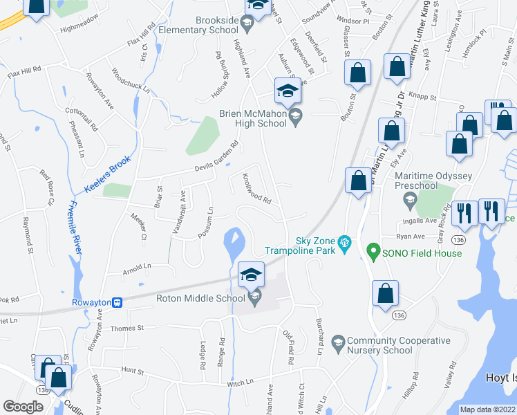 map of restaurants, bars, coffee shops, grocery stores, and more near 81 Rowayton Woods Drive in Norwalk