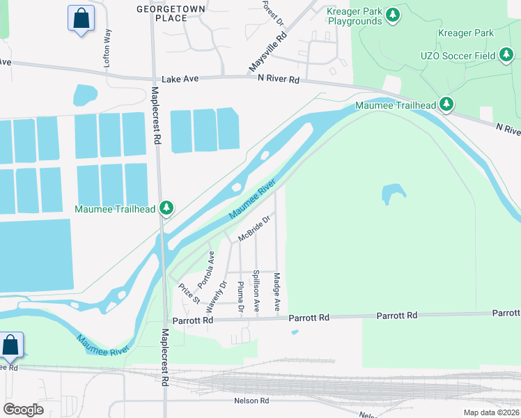 map of restaurants, bars, coffee shops, grocery stores, and more near 6806 South River Road in Fort Wayne