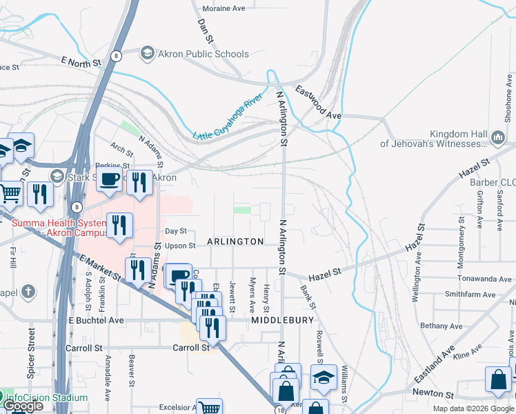 map of restaurants, bars, coffee shops, grocery stores, and more near 212 Denver Street in Akron
