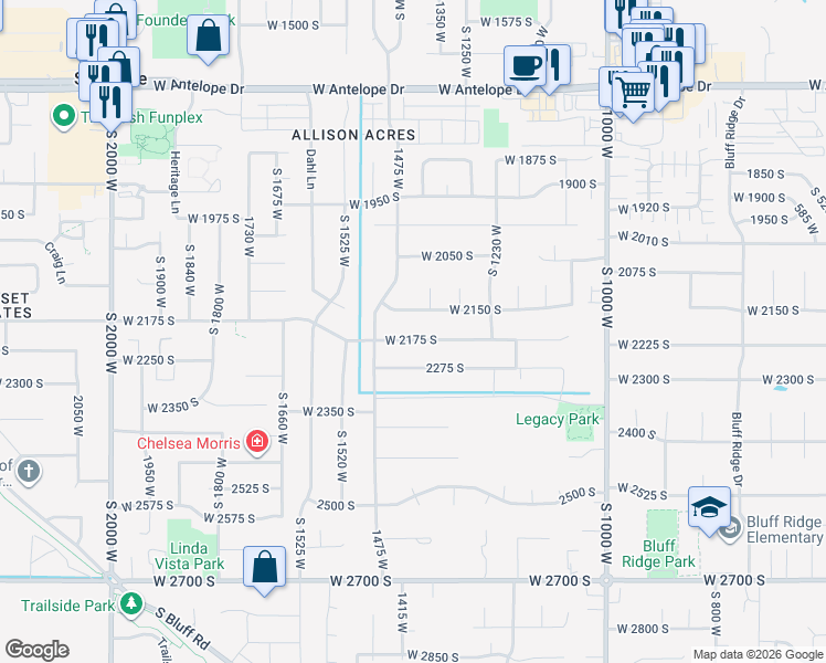 map of restaurants, bars, coffee shops, grocery stores, and more near 1392 West 2175 South in Syracuse
