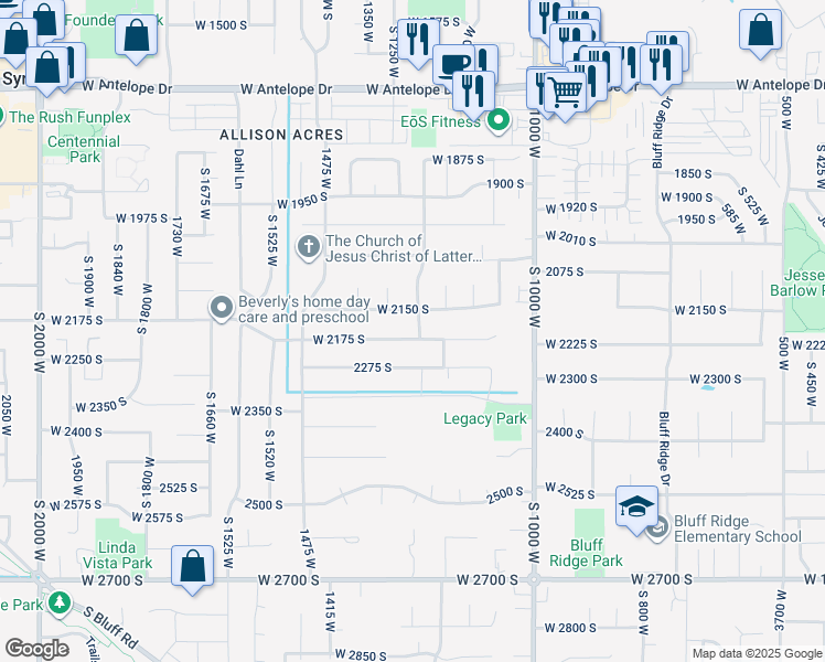 map of restaurants, bars, coffee shops, grocery stores, and more near 1248 West 2175 South in Syracuse
