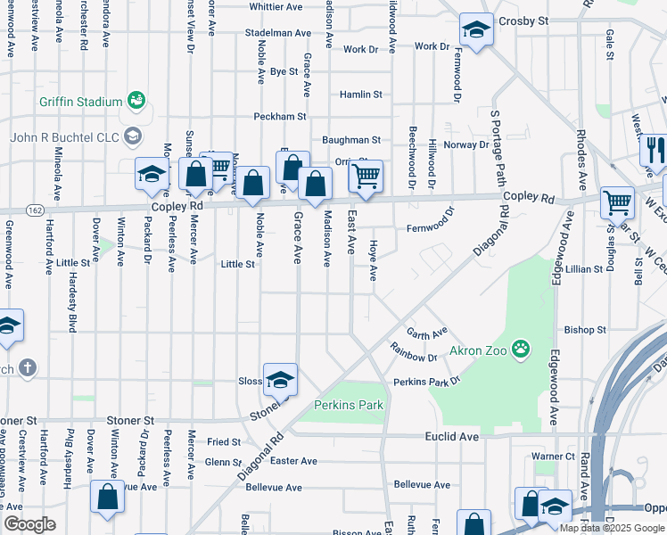 map of restaurants, bars, coffee shops, grocery stores, and more near 587 Madison Avenue in Akron