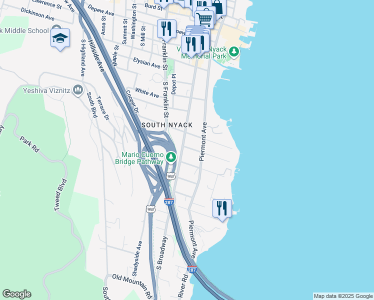 map of restaurants, bars, coffee shops, grocery stores, and more near 241 S Broadway in Nyack