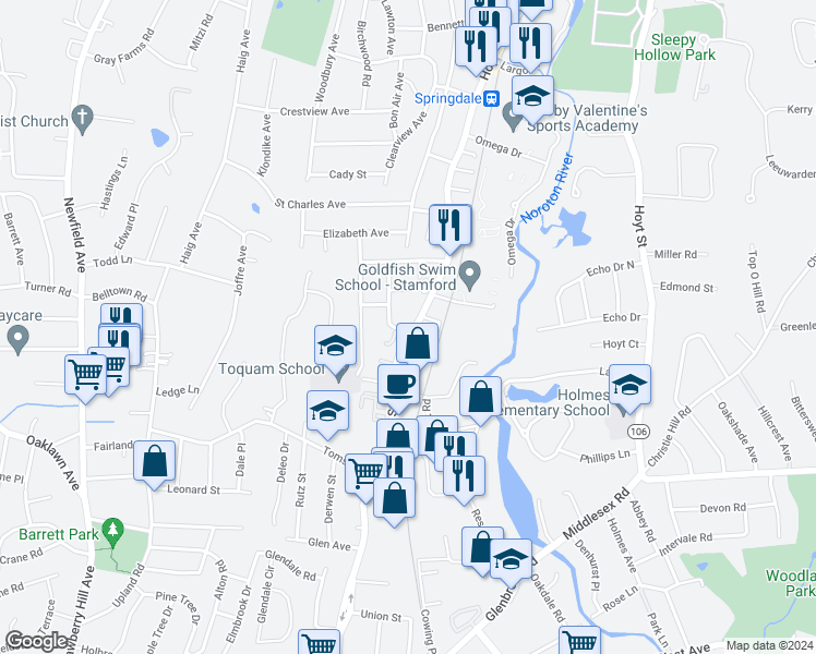 map of restaurants, bars, coffee shops, grocery stores, and more near 654 Hope Street in Stamford