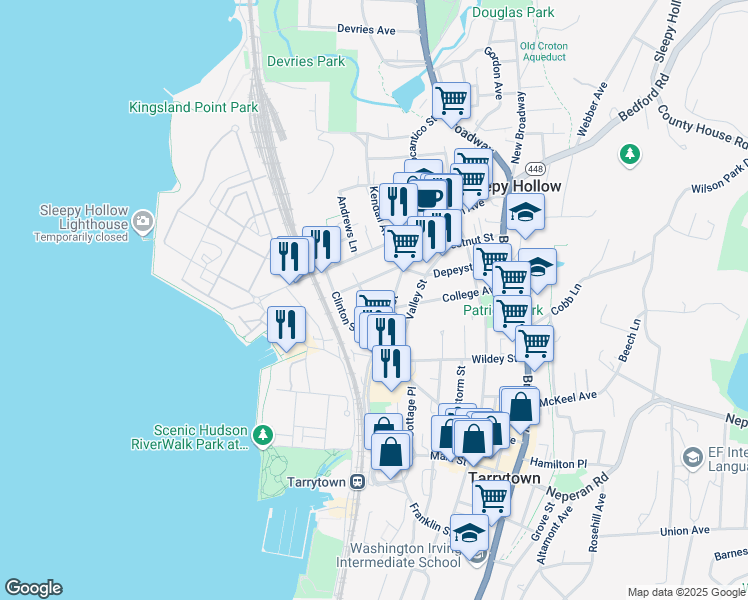map of restaurants, bars, coffee shops, grocery stores, and more near 13 Cedar Street in Sleepy Hollow
