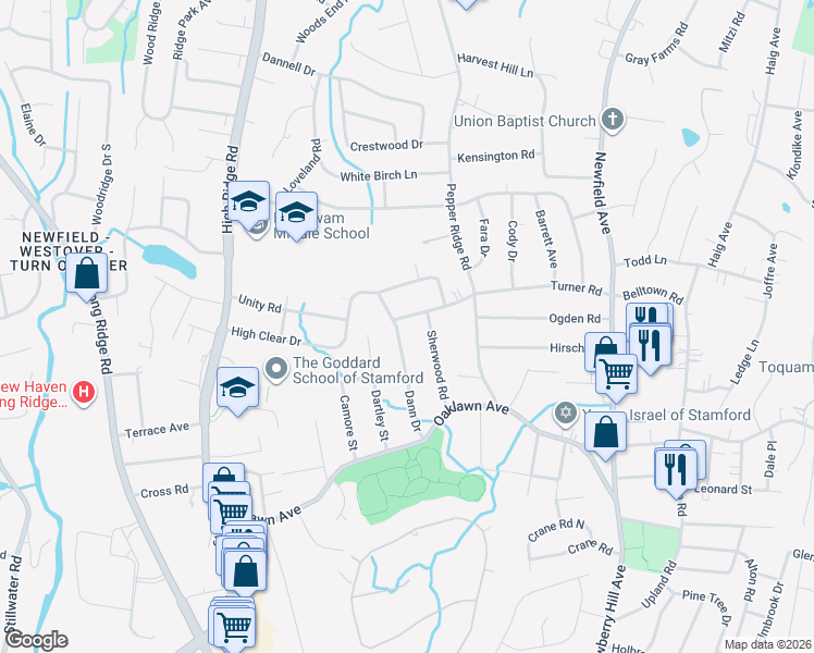 map of restaurants, bars, coffee shops, grocery stores, and more near 182 Turner Road in Stamford