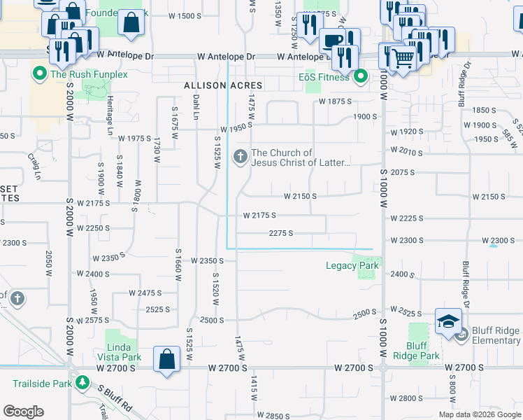 map of restaurants, bars, coffee shops, grocery stores, and more near 1392 West 2175 South in Syracuse