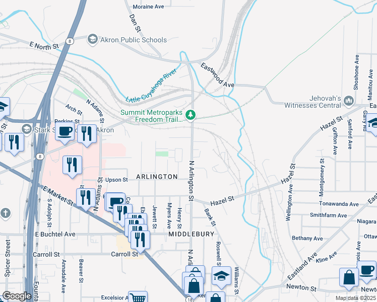 map of restaurants, bars, coffee shops, grocery stores, and more near 352 North Arlington Street in Akron