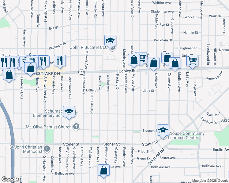 map of restaurants, bars, coffee shops, grocery stores, and more near 832 Packard Drive in Akron