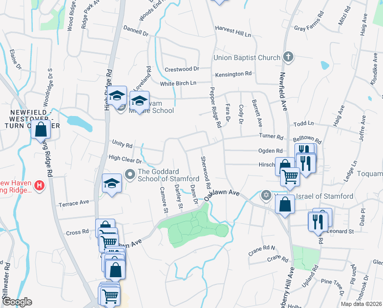 map of restaurants, bars, coffee shops, grocery stores, and more near 182 Turner Road in Stamford