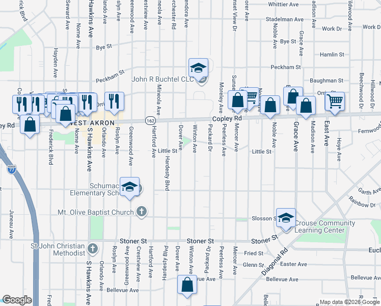 map of restaurants, bars, coffee shops, grocery stores, and more near 846 Winton Ave in Akron