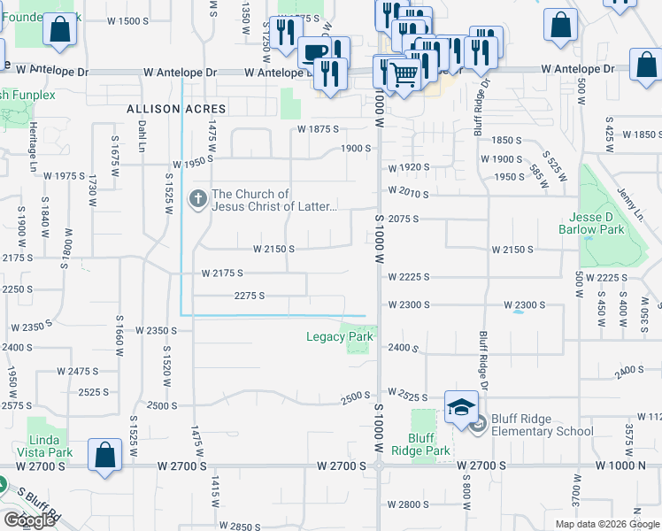 map of restaurants, bars, coffee shops, grocery stores, and more near 1088 West 2175 South in Syracuse