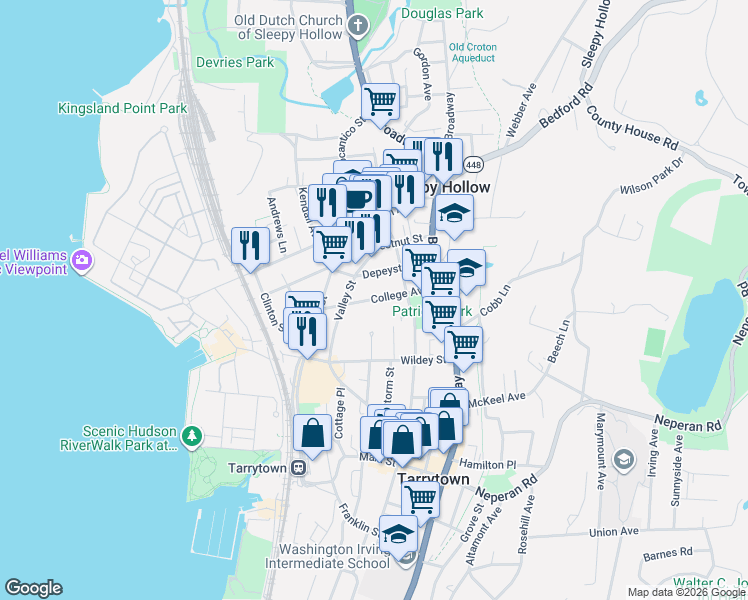 map of restaurants, bars, coffee shops, grocery stores, and more near 67 College Avenue in Sleepy Hollow