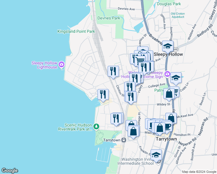 map of restaurants, bars, coffee shops, grocery stores, and more near 56 Hudson Street in Sleepy Hollow