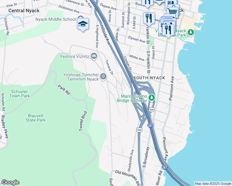 map of restaurants, bars, coffee shops, grocery stores, and more near 15 Chase Avenue in South Nyack
