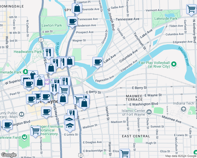 map of restaurants, bars, coffee shops, grocery stores, and more near 703 Edgewater Avenue in Fort Wayne