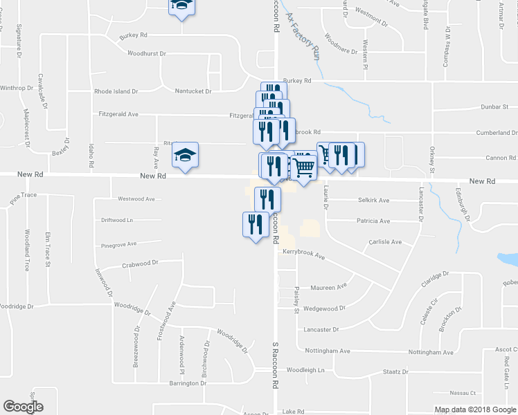 map of restaurants, bars, coffee shops, grocery stores, and more near 1730 South Raccoon Road in Youngstown