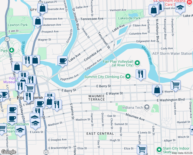 map of restaurants, bars, coffee shops, grocery stores, and more near 927 Liberty Street in Fort Wayne