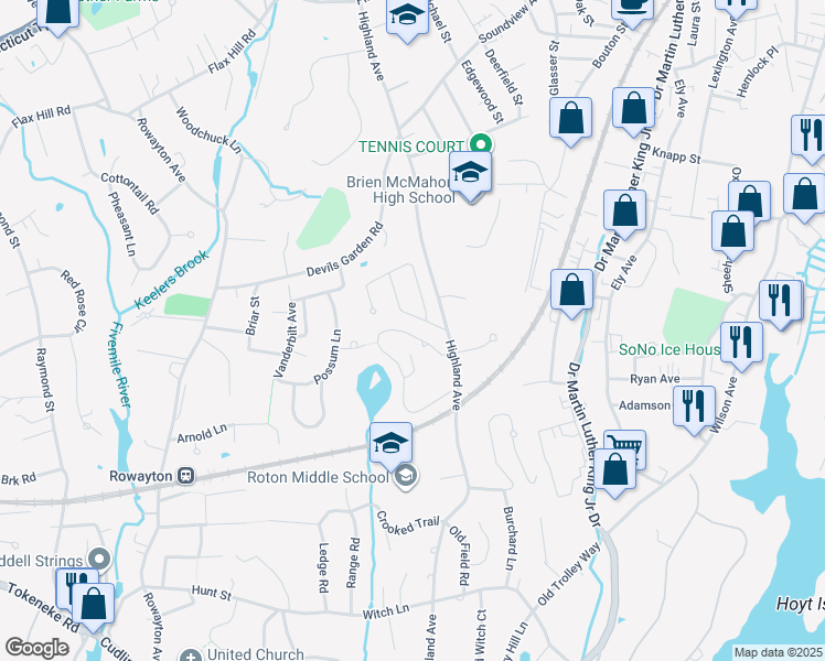 map of restaurants, bars, coffee shops, grocery stores, and more near 80 Rowayton Woods Drive in Norwalk