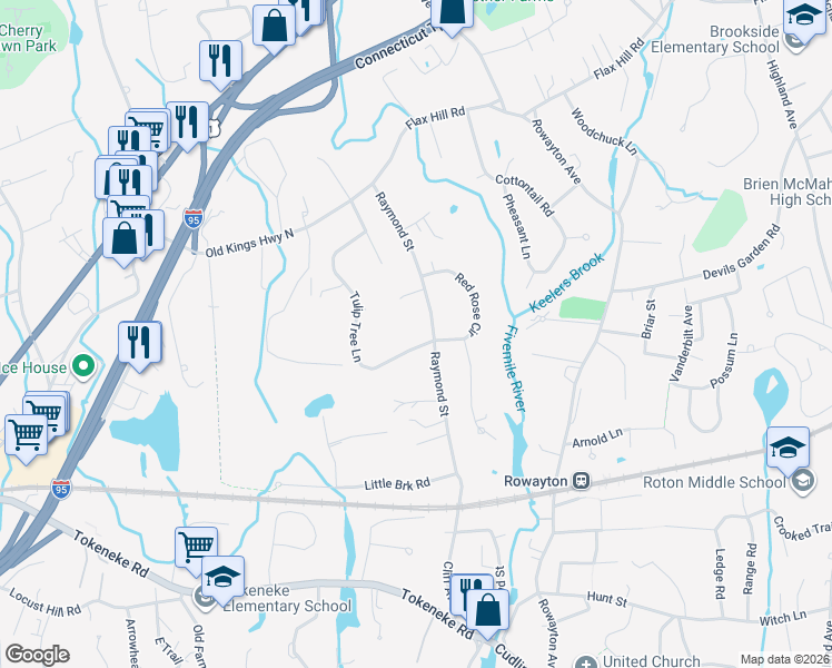 map of restaurants, bars, coffee shops, grocery stores, and more near 44 Tulip Tree Lane in Darien