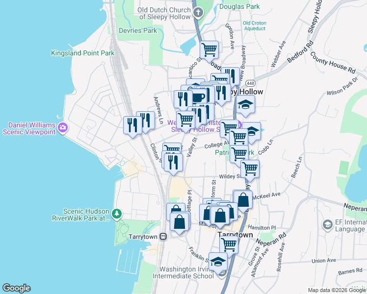 map of restaurants, bars, coffee shops, grocery stores, and more near 95 College Avenue in Sleepy Hollow