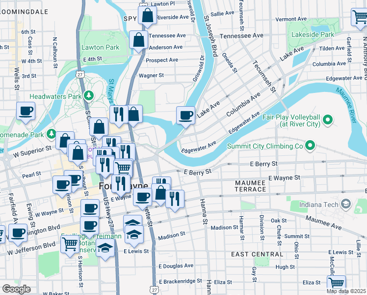 map of restaurants, bars, coffee shops, grocery stores, and more near 703 Edgewater Avenue in Fort Wayne