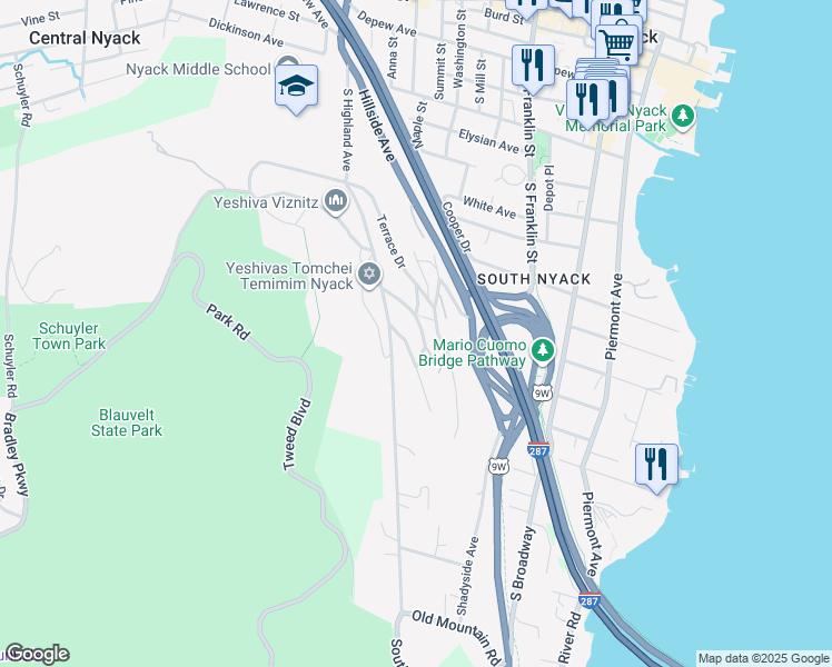 map of restaurants, bars, coffee shops, grocery stores, and more near 15 Chase Avenue in South Nyack