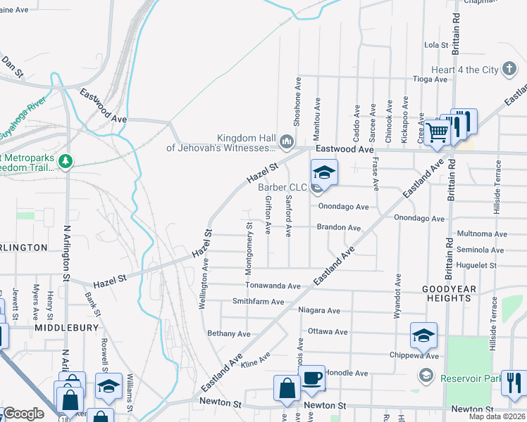 map of restaurants, bars, coffee shops, grocery stores, and more near 672 Grifton Avenue in Akron