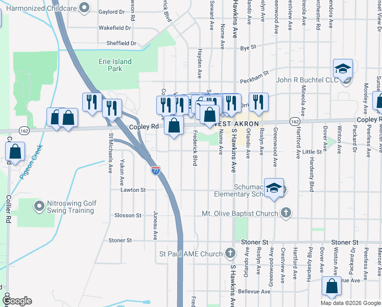 map of restaurants, bars, coffee shops, grocery stores, and more near 1520 Little Street in Akron