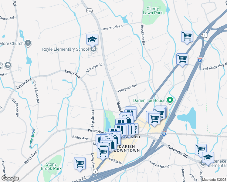 map of restaurants, bars, coffee shops, grocery stores, and more near 75 Connecticut 124 in Darien