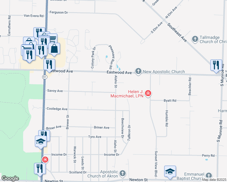 map of restaurants, bars, coffee shops, grocery stores, and more near 2395 Savoy Avenue in Akron