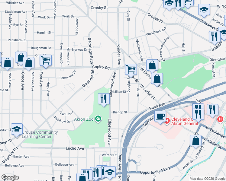 map of restaurants, bars, coffee shops, grocery stores, and more near 435 Edgewood Avenue in Akron
