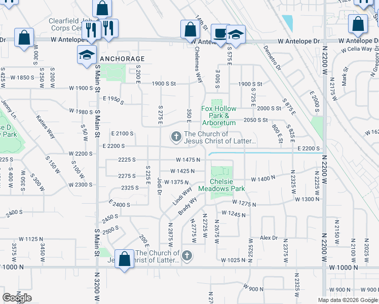 map of restaurants, bars, coffee shops, grocery stores, and more near 352 East 2200 South in Clearfield