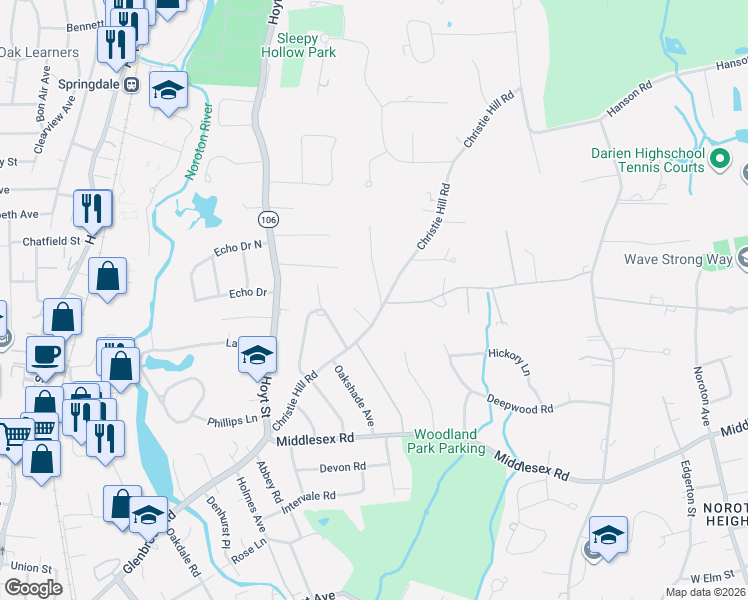 map of restaurants, bars, coffee shops, grocery stores, and more near 1 Top O Hill Road in Darien